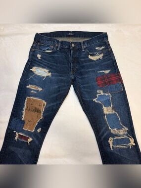 Polo Ralph Lauren Varick Slim Straight Patchwork Denim Distressed Jeans 34x30